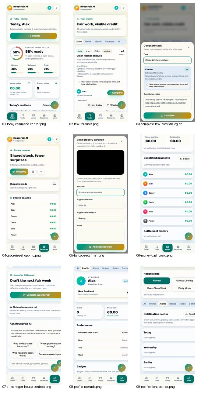 HouseFair mobile screens for chores, groceries, money and house planning