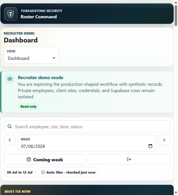 Roster Command read-only recruiter dashboard with synthetic workforce data