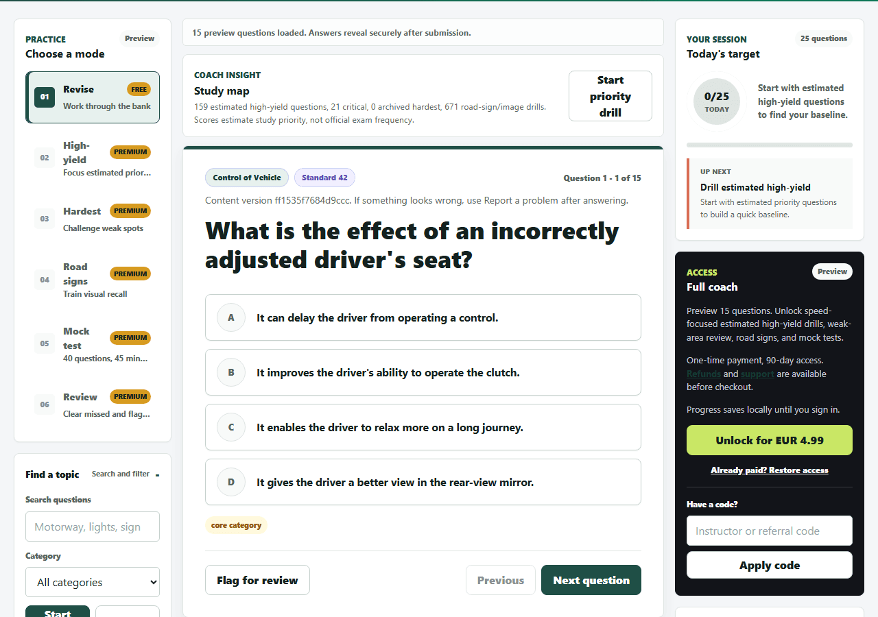 Irish Theory Test Coach learner workspace with a protected preview question